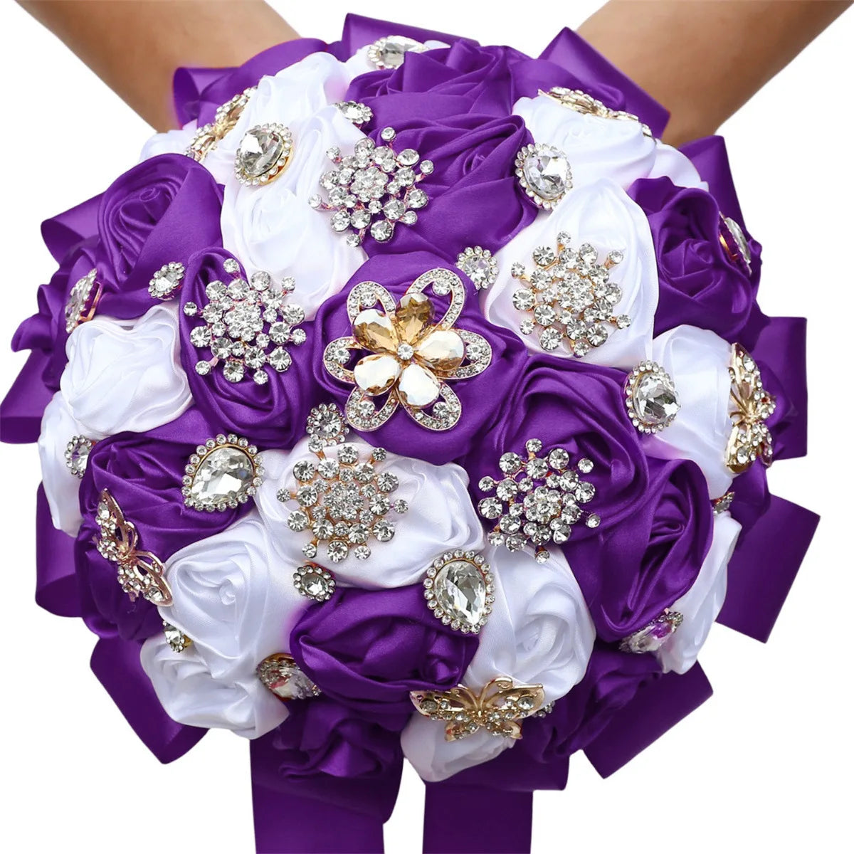 Tejesa Ivory Champagne Bridal Wedding Bouquet with Crystal Artificial Silk Rose Flower Bouquet for Quinceanera Bride Wedding