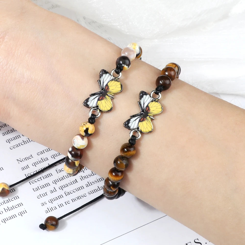 Vintage Natural Stone Agate Bracelets Charm Yellow Butterfly Adjustable Bangles Yoga Jewelry 6mm Black Lava Onyx Beads Bracelet