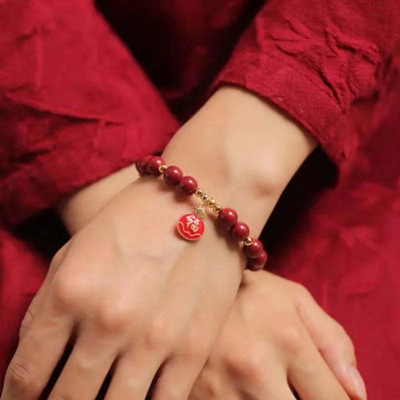 Natural Red Cinnabar 6mm Bead Blessing Bag Bracelet Elastic Bangle Tassels Fashion Charm Jewelry Wholesale Amulet Gift for Women