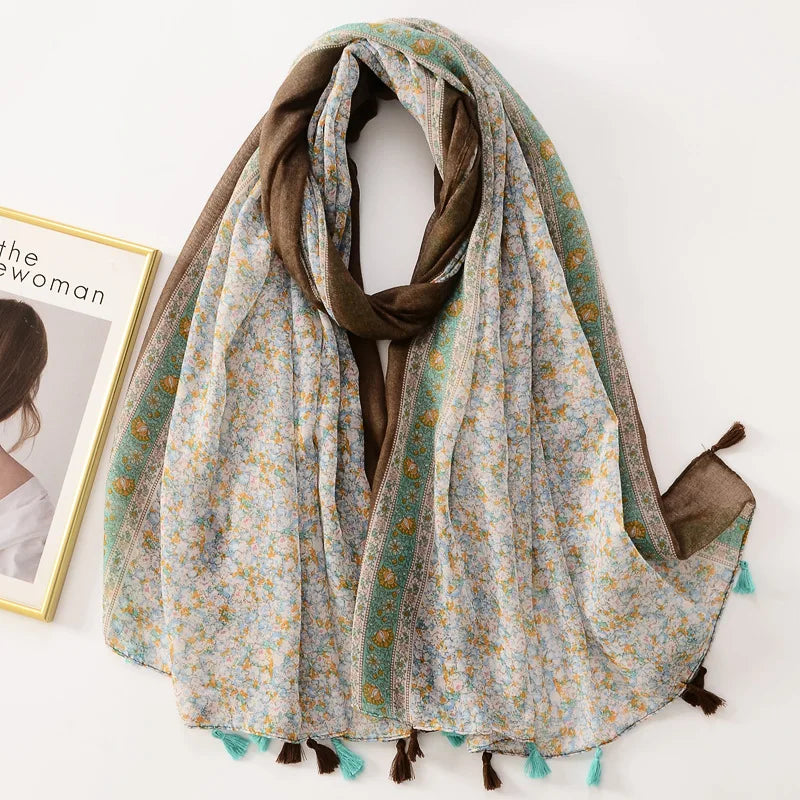 Tejesa Woman Shawl Fashion Design Tassel Cotton Scarf  /Floral Print Ladies Scarves