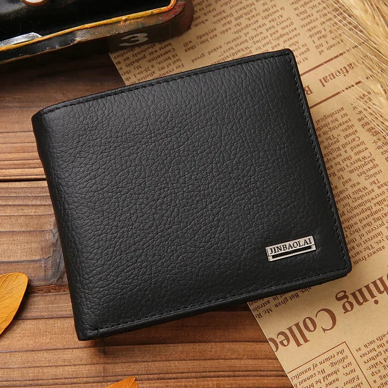 Genuine Leather Men Wallet Cowhide Wallets For Man Quatlity Case Concise Short Black Credit Card Cash Receipt Holder Purse