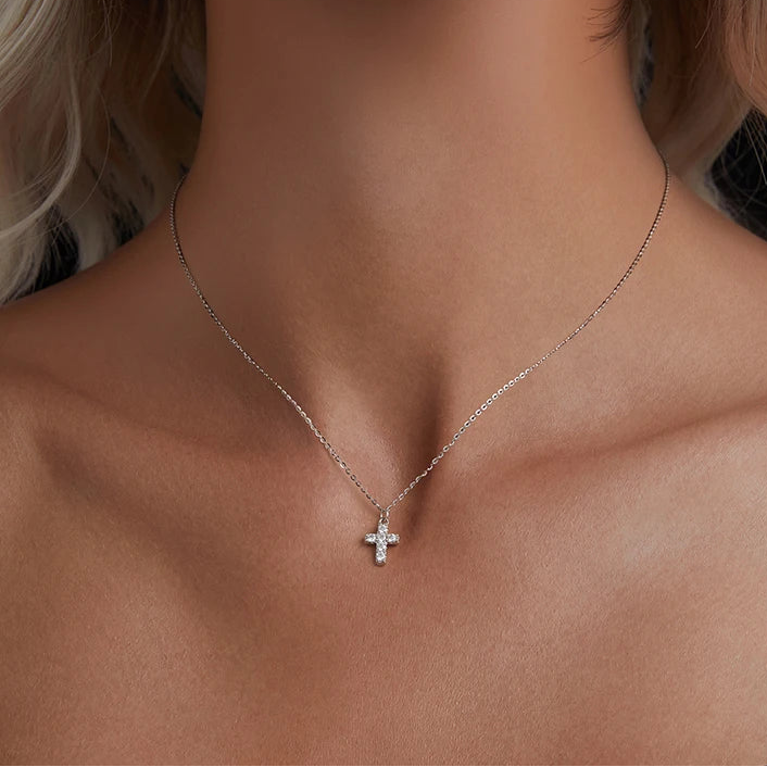 Tejesa White Gold Plated Moissanite Cross Necklace for Women, 925 Sterling Silver Small Religious Faith Cross Necklace Xmas Gift