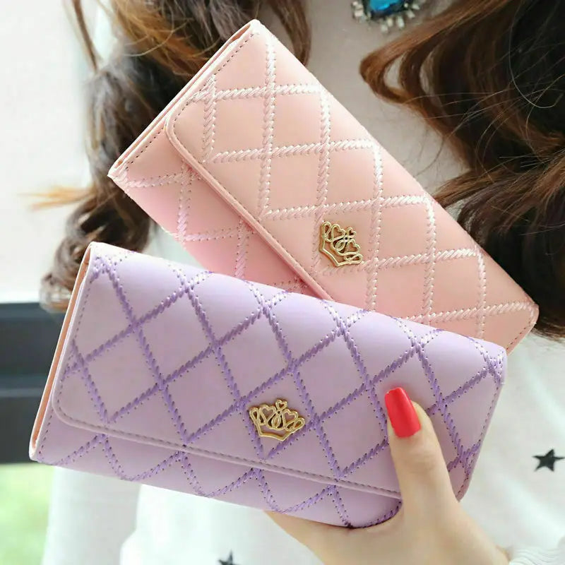 Hemasa Black Long Wallets for Women/ PU Leather Diamond Pattern Purse Card Holder Crown Buckle