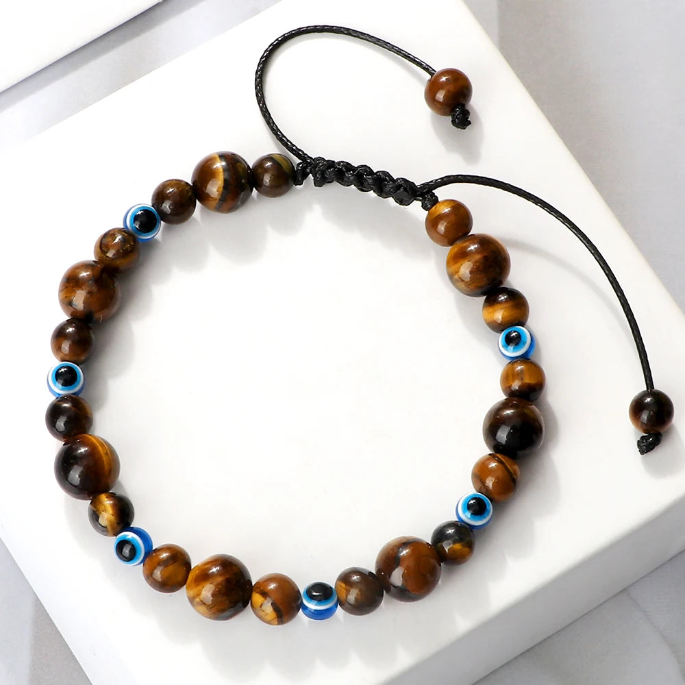 Blue Evil Eye Beaded Bracelets Natural Cat Eye Stone 6 8mm Opal Men Bangles Adjustable Women Bracelet Lucky Yoga Jewelry Gifts