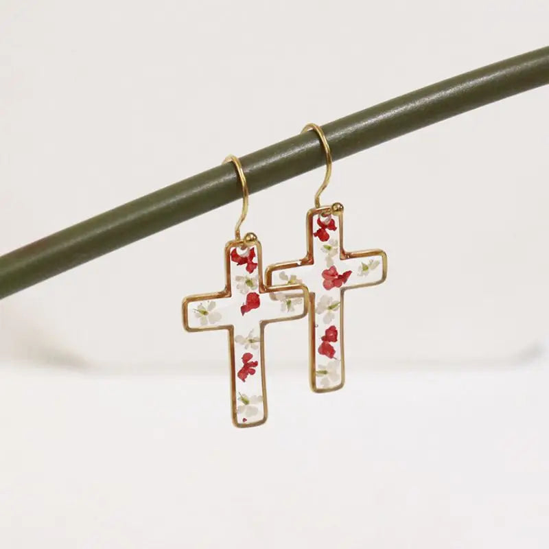 Unique Cross Earring With Flower Handmaking Epoxy Resin Pressed Flower Earring Natural Flower Statement Earring Jewelry 2024 New