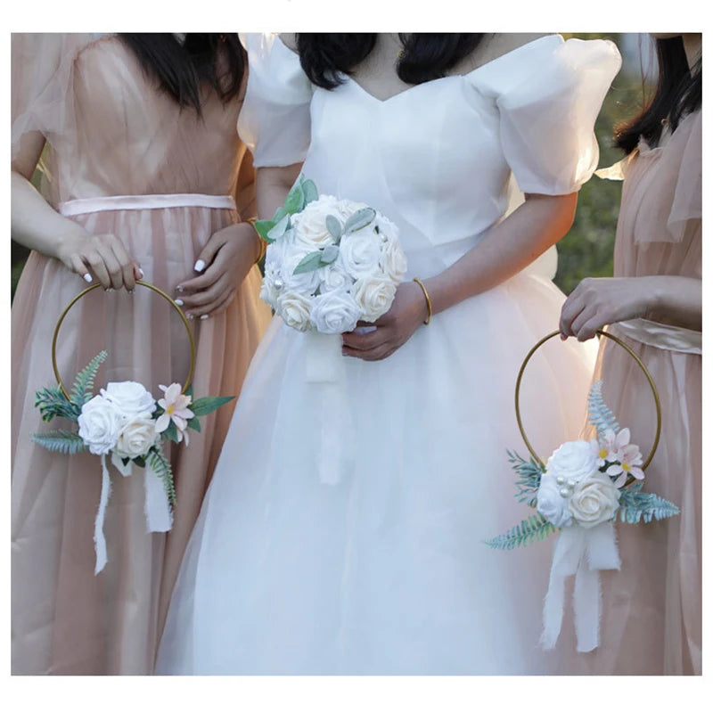 YeeNanee Wedding Gold Hoop Bouquet for Bridesmaids Floral Rose Eucalytpus Metal Ring Wreath Bridal Shower Ceremony Decoration