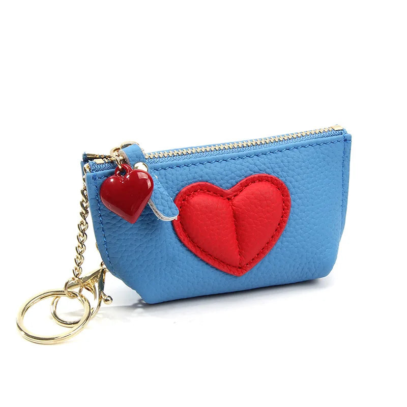 Tejesa Women's Soft Leather Coin Purses with KeyChain /Small Zipper Coin Pouch for Women Heart Pendant Zero Wallet Zipper Pocket