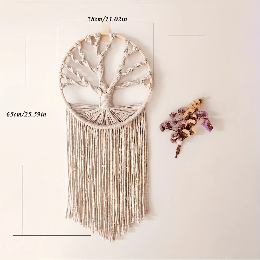 1pc Tree Of Life Dream Catcher Tapestry, Bohemian Hand-woven Tapestry With Tassel, Macrame Wall Hanging For Bedroom Living Room