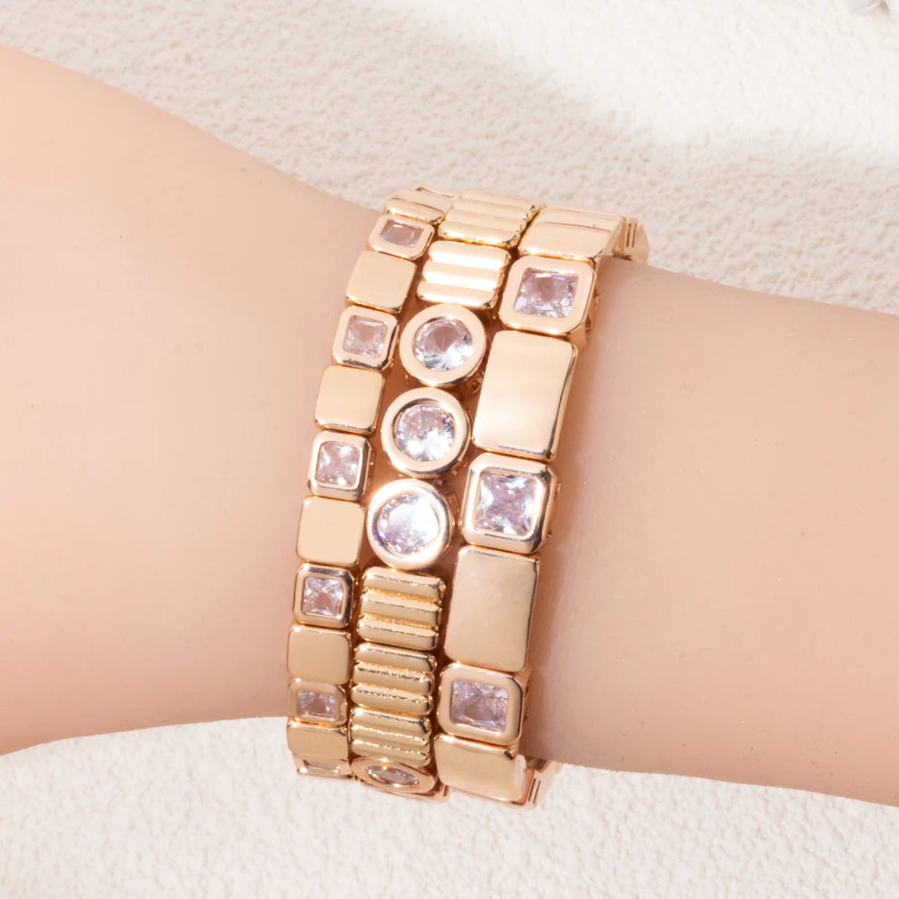 Gold Color Zirconia Bracelets For Women Rhinestone Charm Beaded Elastic Bangle