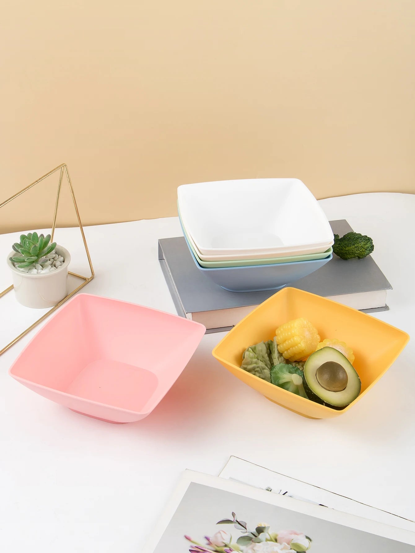 Tejesa 6pcs Large size plastic square bowls reusable household plastic tableware can be used for soup noodles oatmeal salad