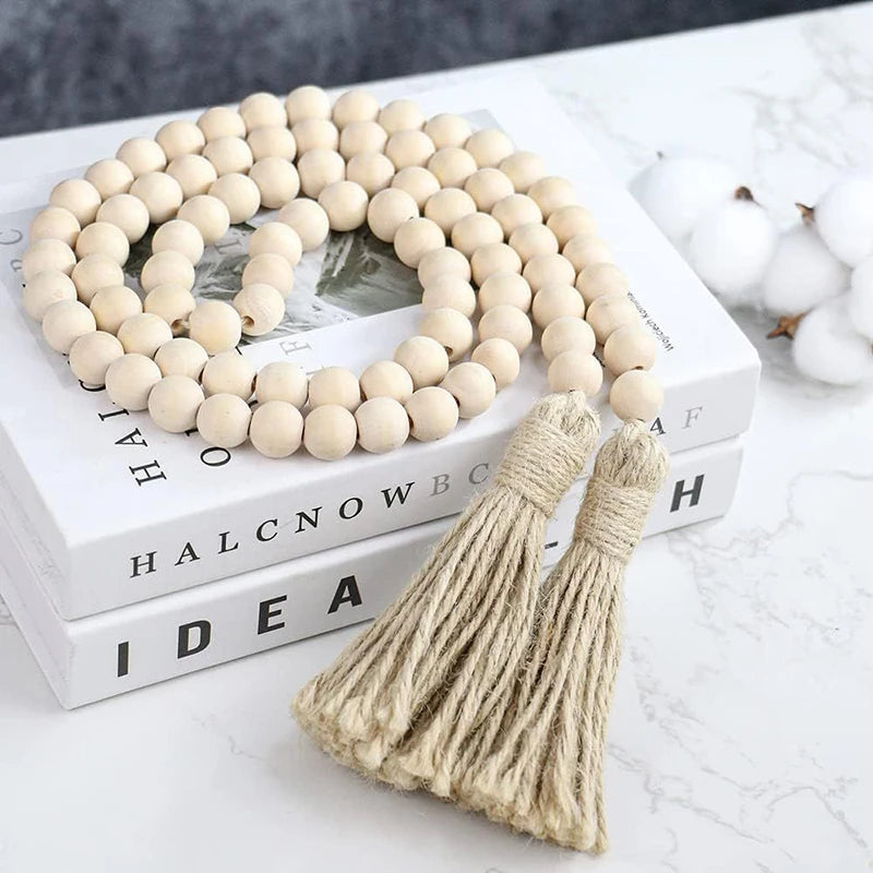 Wooden Beads Garland Farmhouse Wall Hanging Diy Handmade Garland Rattan Macrame Wall Hanging Bohemian Gift Tassels Decor Craft