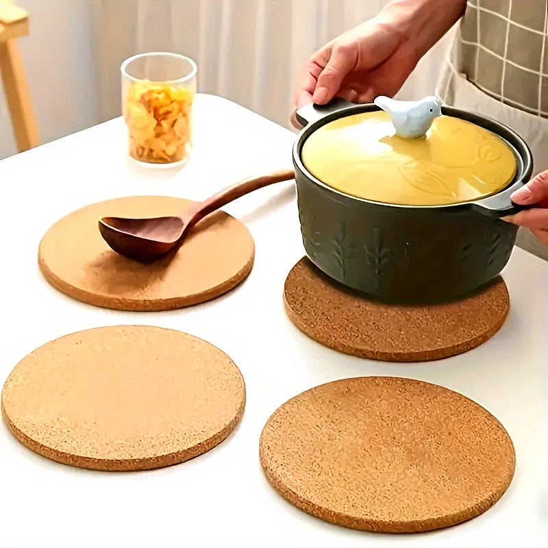 Hemasa 4Pcs Kitchen Heating Pads Cork Trivet Sets/ Heat Resistant Thick Cork Coasters Hot Dishes Table Mat Round Cork Coasters