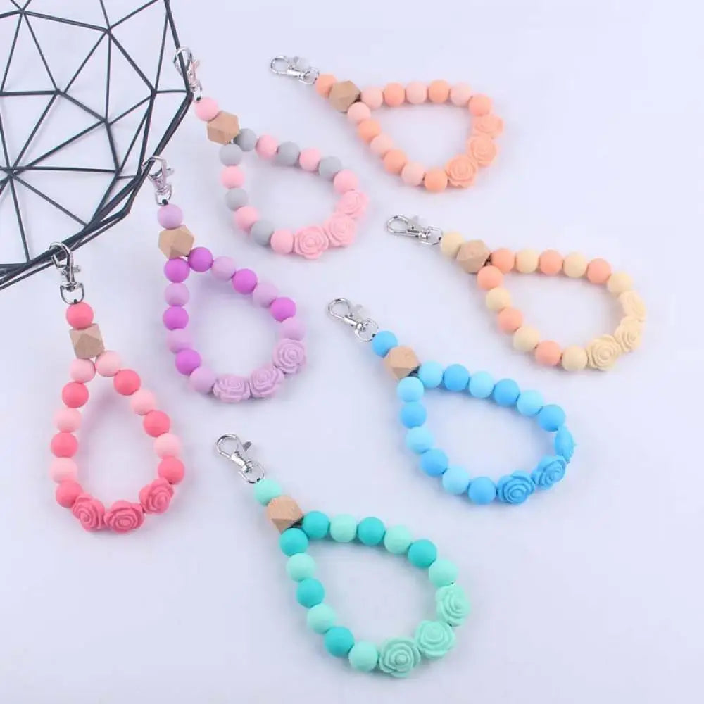Hemasa Colorful Rose Silicone Beads Keychain Lobster Clasp Bracelet Keyring For Women