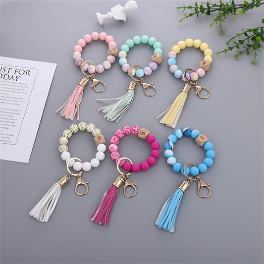 New Colorful Silicone Bead Bracelet PU Tassel Keychain Leopard Pattern Bracelet Beads Wearing Tassel Anti Loss Bracelet Keyring