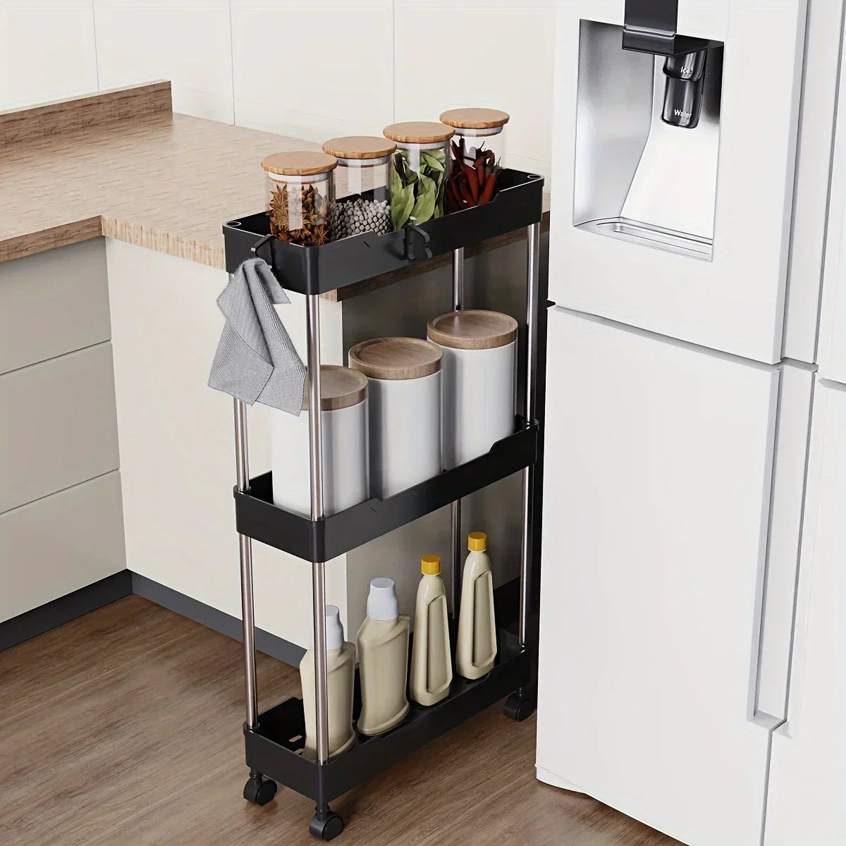 Hemasa Bathroom Storage Rack With Wheels 3/4 Layer Rolling Utility Cart Bathroom Storage Organizer Multi-purpose Corner Shelf