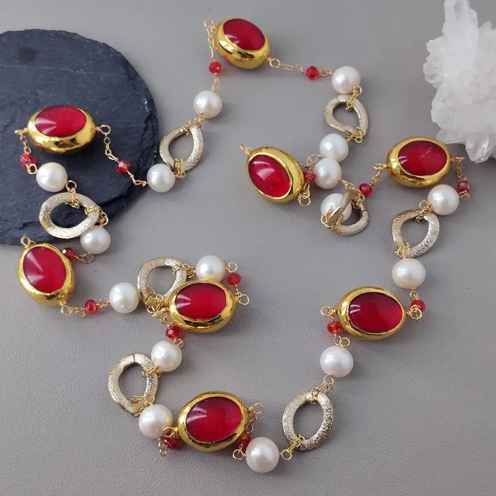 yygem 22x27mm Cultured White Pearl Red Quartz Chain Long Station Necklace Handmade