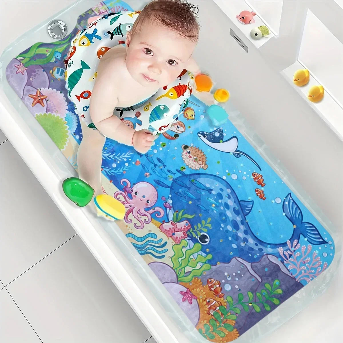 Tejesa 1pc Cartoon Extra Long Bathtub Mat 40x100cm Non Slip Bath Mat for Bathroom Tubs Shower Mats with Suction Cups & Drain Holes
