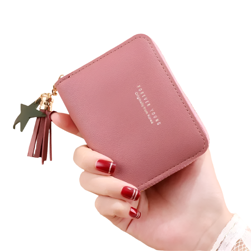 Hemasa PU Zipper Short Wallet Women Little Star Tassel Pendant Multi-card Slots Card Wallet Coin Purse