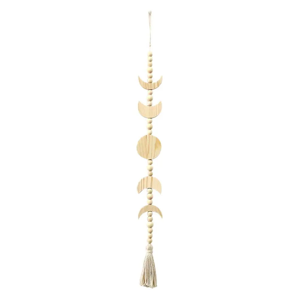Wood Star Moon Phase Wall Hanging Garland Boho Beaded Wood Moon Phase Moon Garland with Tassel Home Wall Decor
