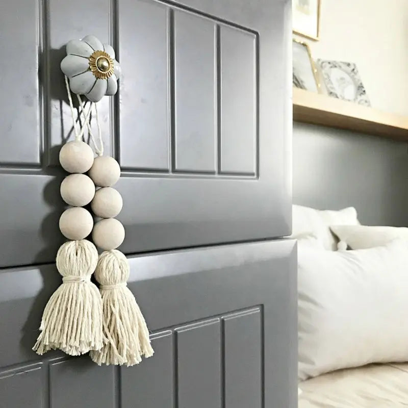 2Pcs Tassle Farmhouse Beads Natural Wood Bead Garland Kids Baby Nursery Room Decor Rustic Wedding Vase Ornament
