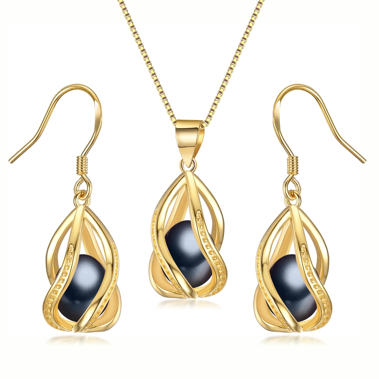 YWYC Gold Color Chain Pendant Necklace 8-9mm Natural Freshwater Pearl in Cage Pendant & Drop Earrings Jewelry Set for Women