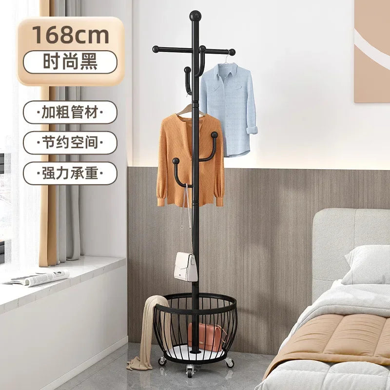 Standing Coat Rack with Basket, Entryway Coat Hanger Stand, Mobile Clothes Storage Rack with Wheels, Hallway