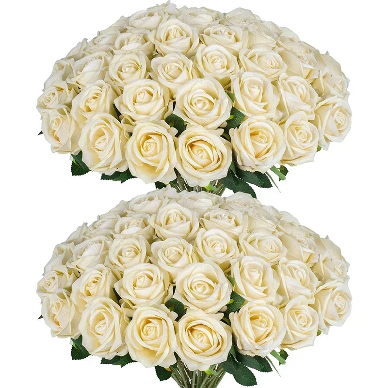 Tejesa 50 Pcs Velvet Rose Artificial Rose Flowers Real Touch Fake Roses Florals for Valentine's DIY Wedding Bouquet Party Home Decor