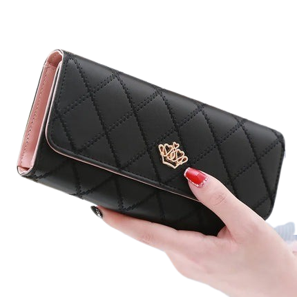 Hemasa Black Long Wallets for Women/ PU Leather Diamond Pattern Purse Card Holder Crown Buckle