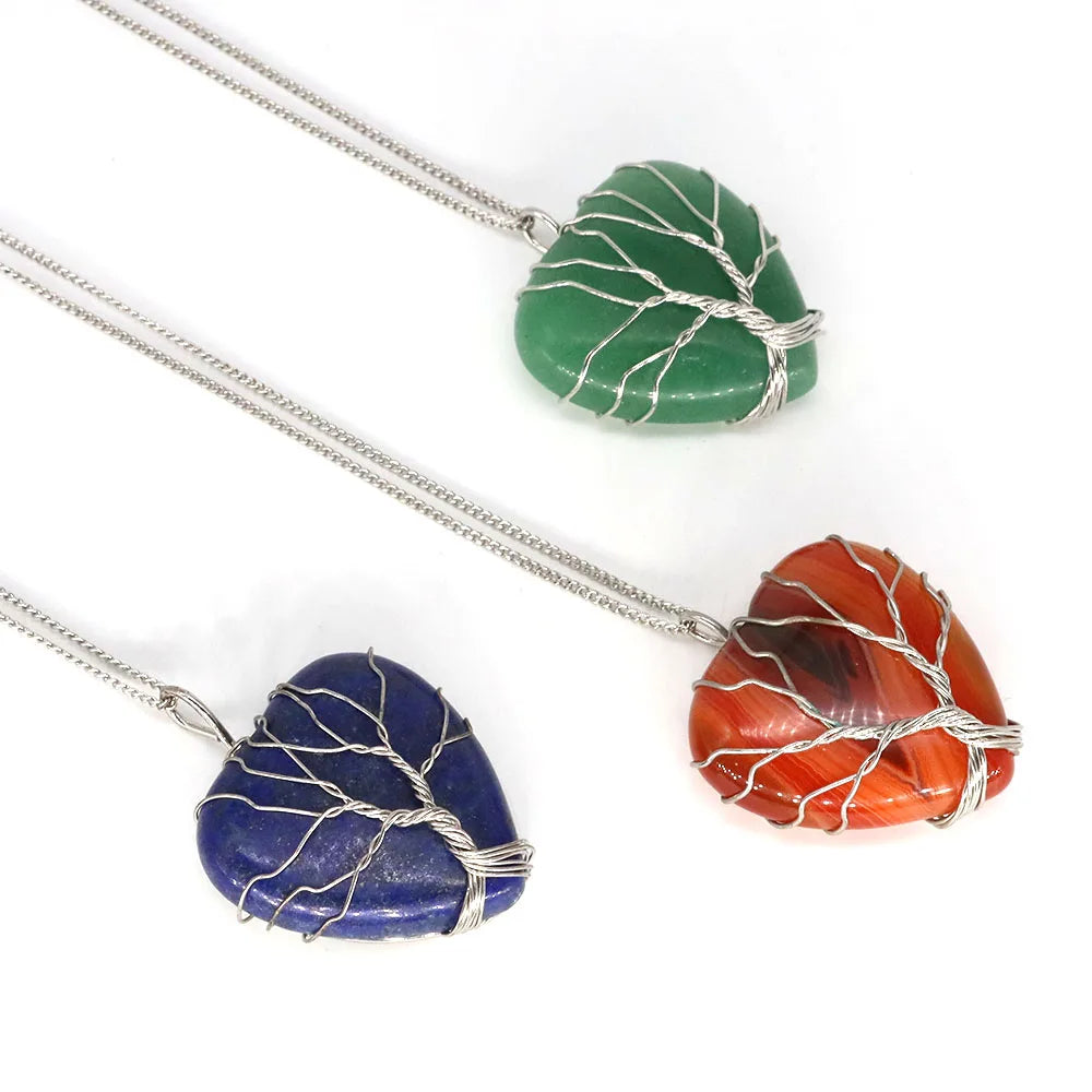Heart Shape Pendant Neckalce Tree Of Life Wire Wrapped Natural Crystals Lapis Lazuli Rose Quartz Healing Gems Love Jewelry Gifts