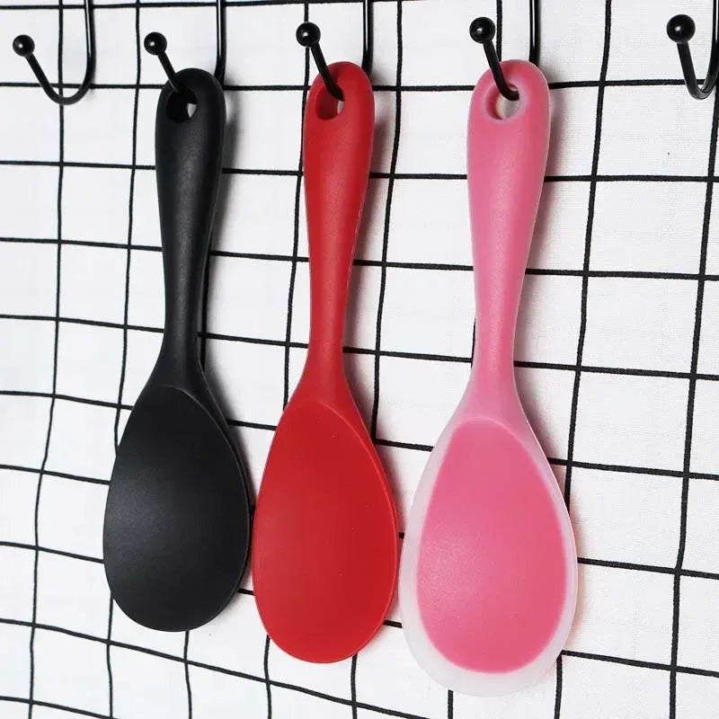 Hemasa 5Pcs (Red and Black )Hanging Silicone Rice Spoon Kitchen Ladle Non-stick Saucepan Electric Rice Cooker Cooking Scoop with Holes