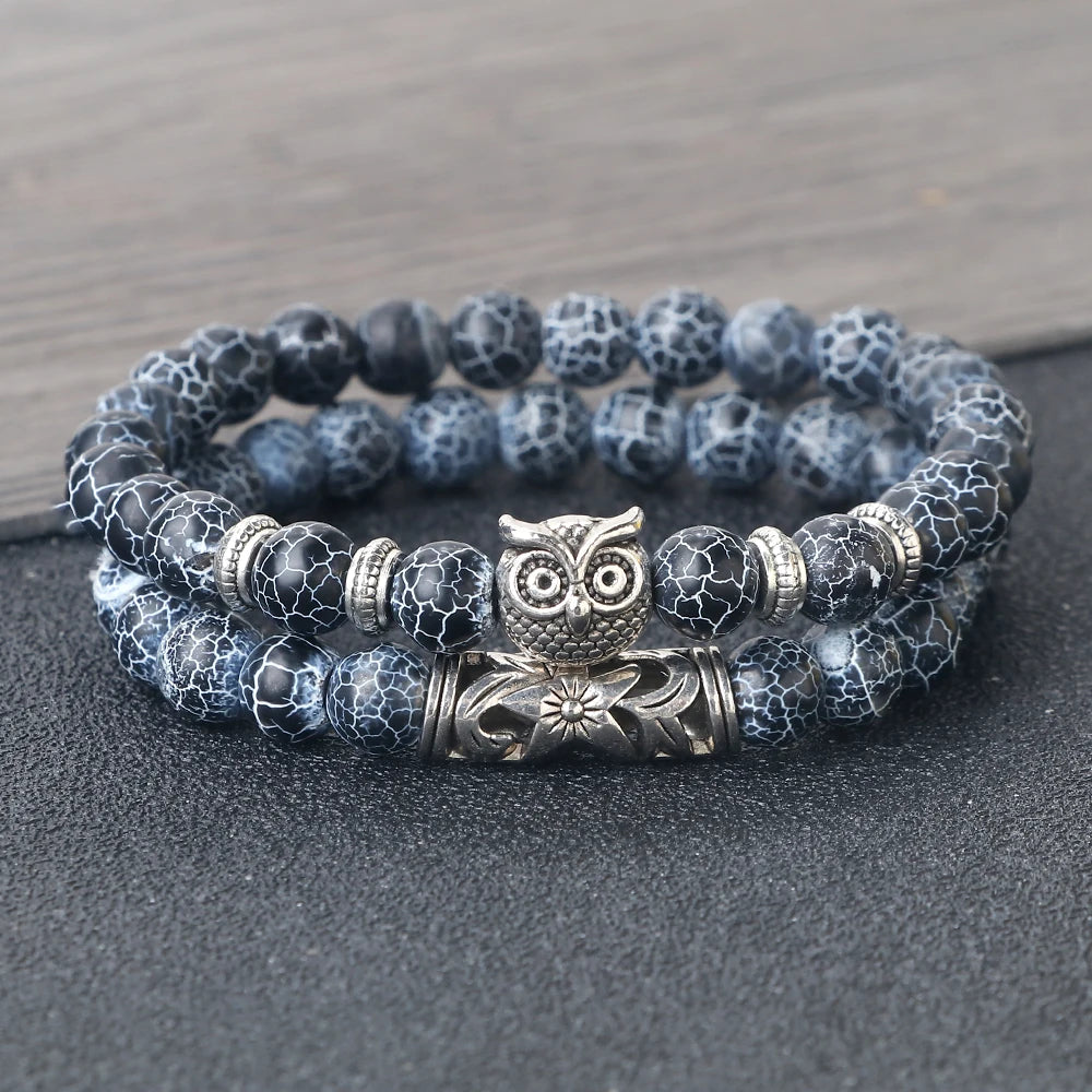 Hemasa  Natural Stone Beads Bracelet  /   Owl Beads   Bracelet /Black Lava Onyx Beads Charm Bracelets
