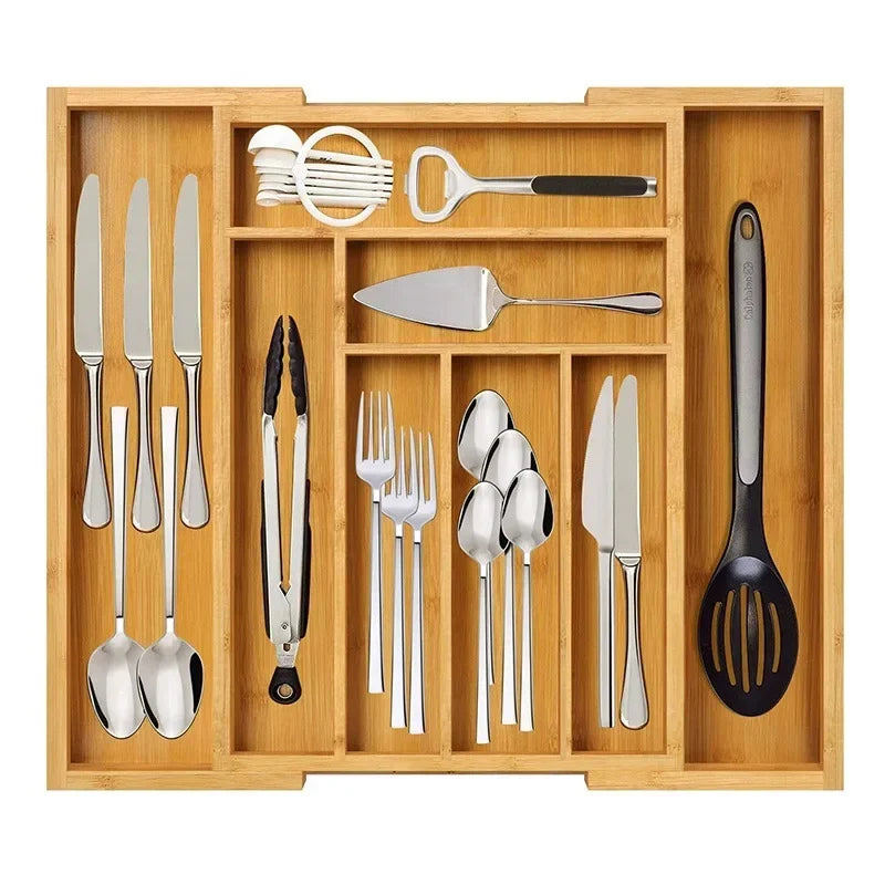 Tejesa Adjustable Bamboo Cutlery Drawer Organizer for Kitchen Utensils Storage Tray Expandable Bamboo Utensil Holder for Kitchen Drawer