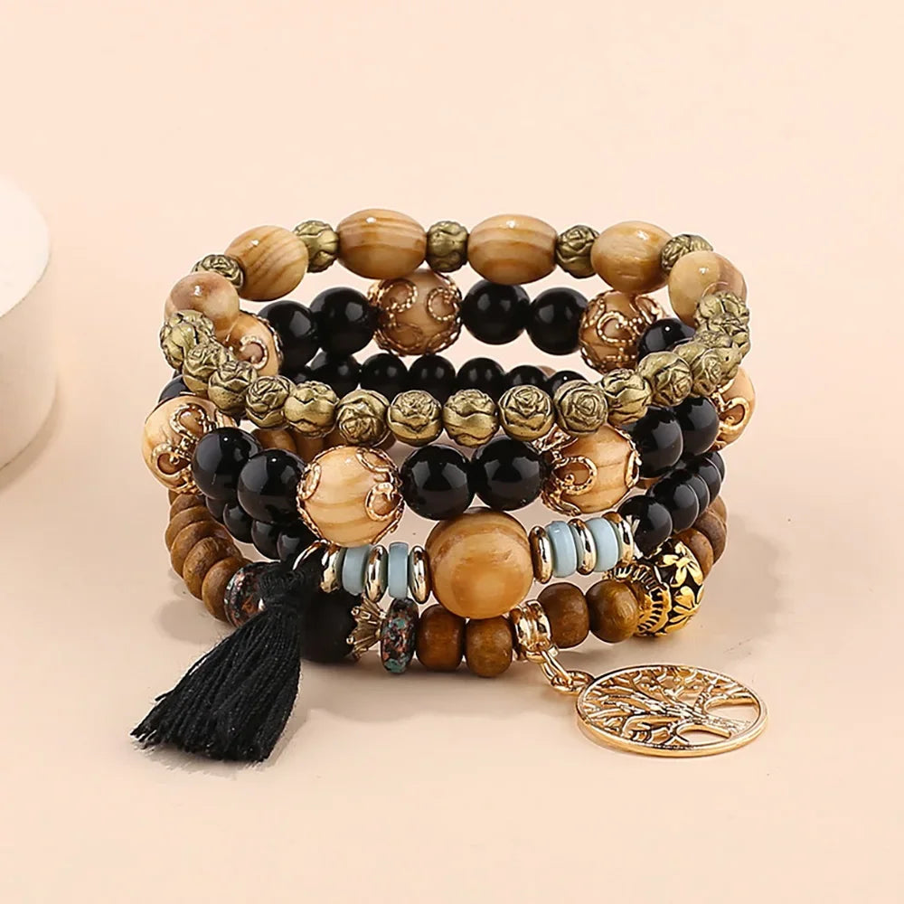 Bohemian Black Tassels Bracelet Set For Women Tree Of Life Charm Wooden Beads Elastic Chain Bangle Girls Fashion Jewelry
