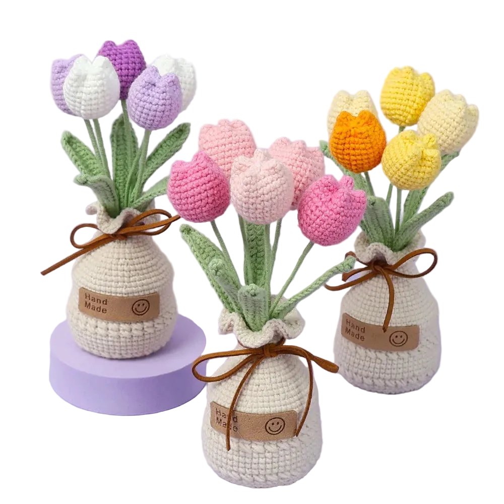 Hemasa Tulips Crochet Flowers with Kintted Potted Sunflowers /Handwoven Plant