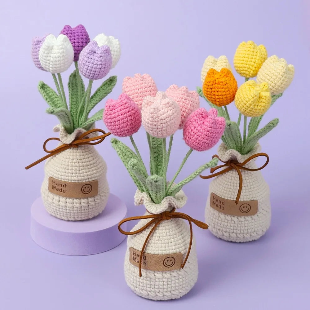 Hemasa Tulips Crochet Flowers with Kintted Potted Sunflowers /Handwoven Plant