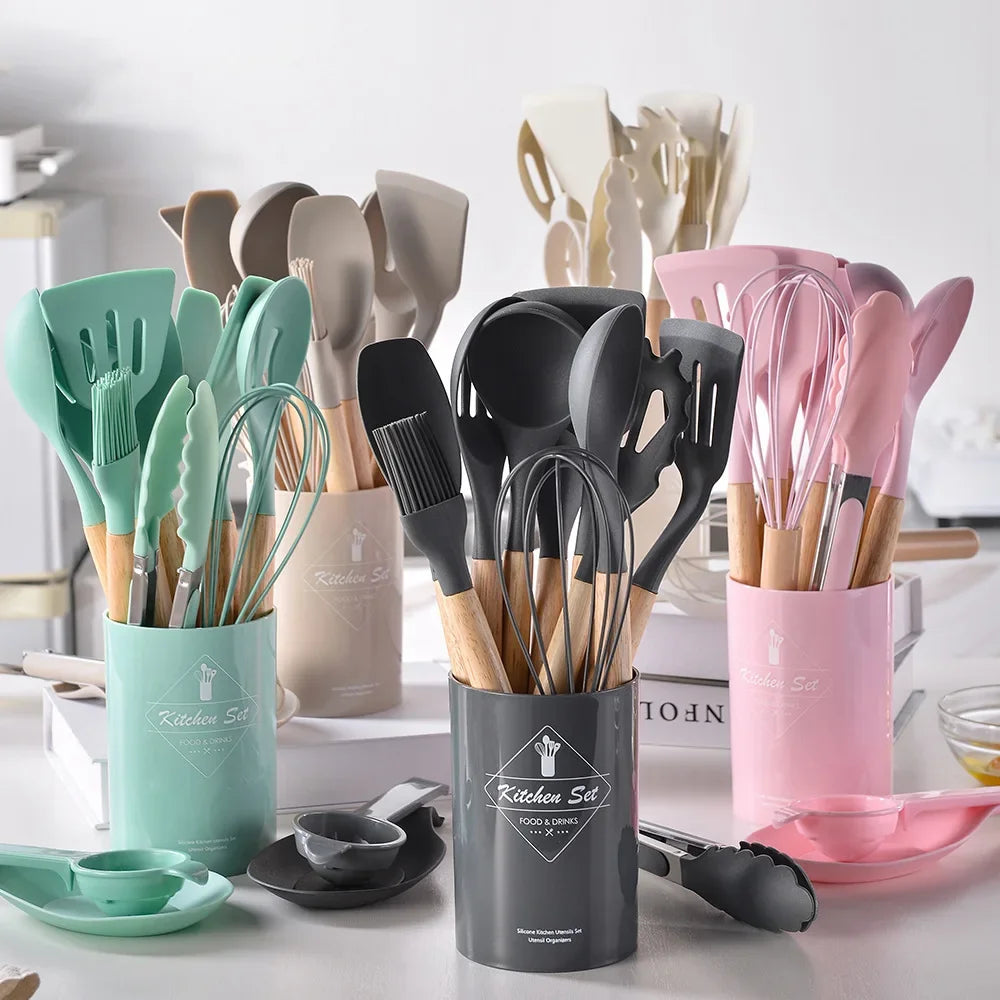 Hemasa 12PCS Silicone  Non-Stick Cookware Kitchen Utensils Set Spatula Shovel Egg Beaters Wooden Handle Cooking Tool Set