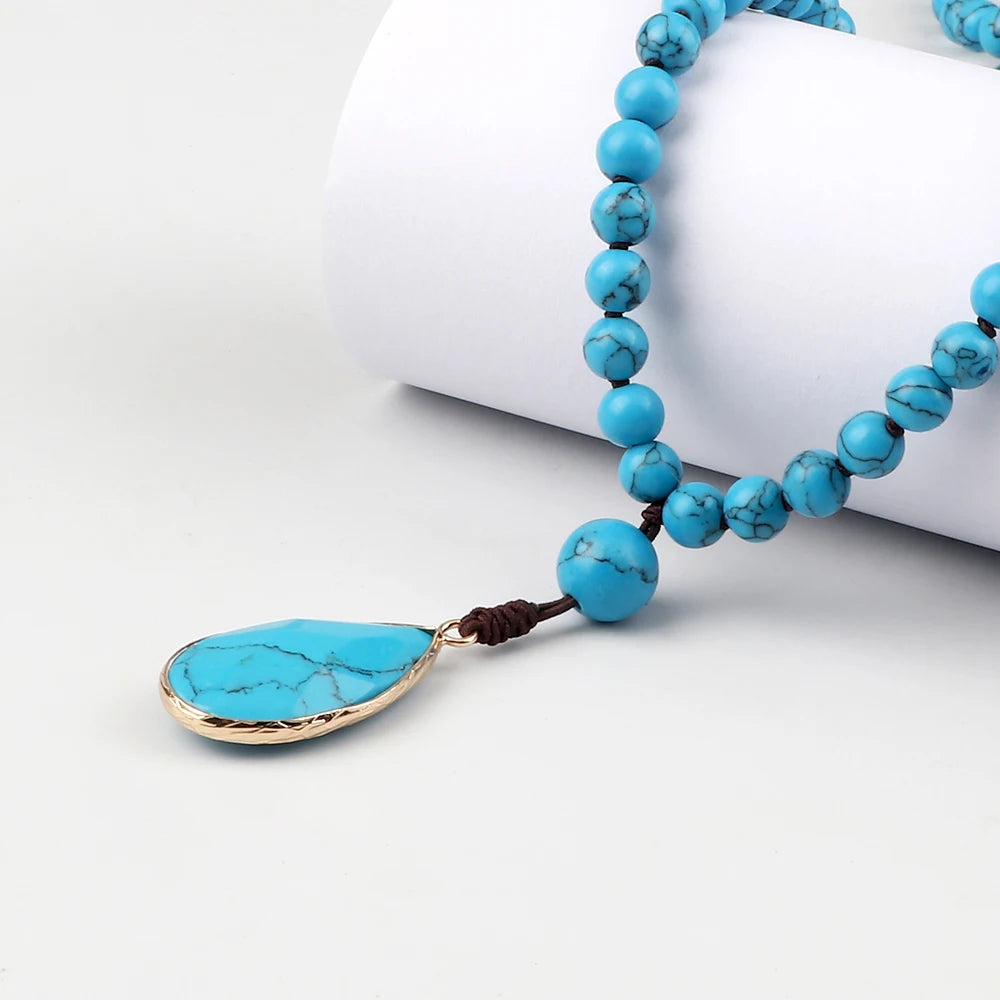 New Simple Pendant Necklaces 108 Mala Natural Blue Pine Stone Beads Meditation Necklaces Handmade Women Bohemia Jewelry Gift 6mm