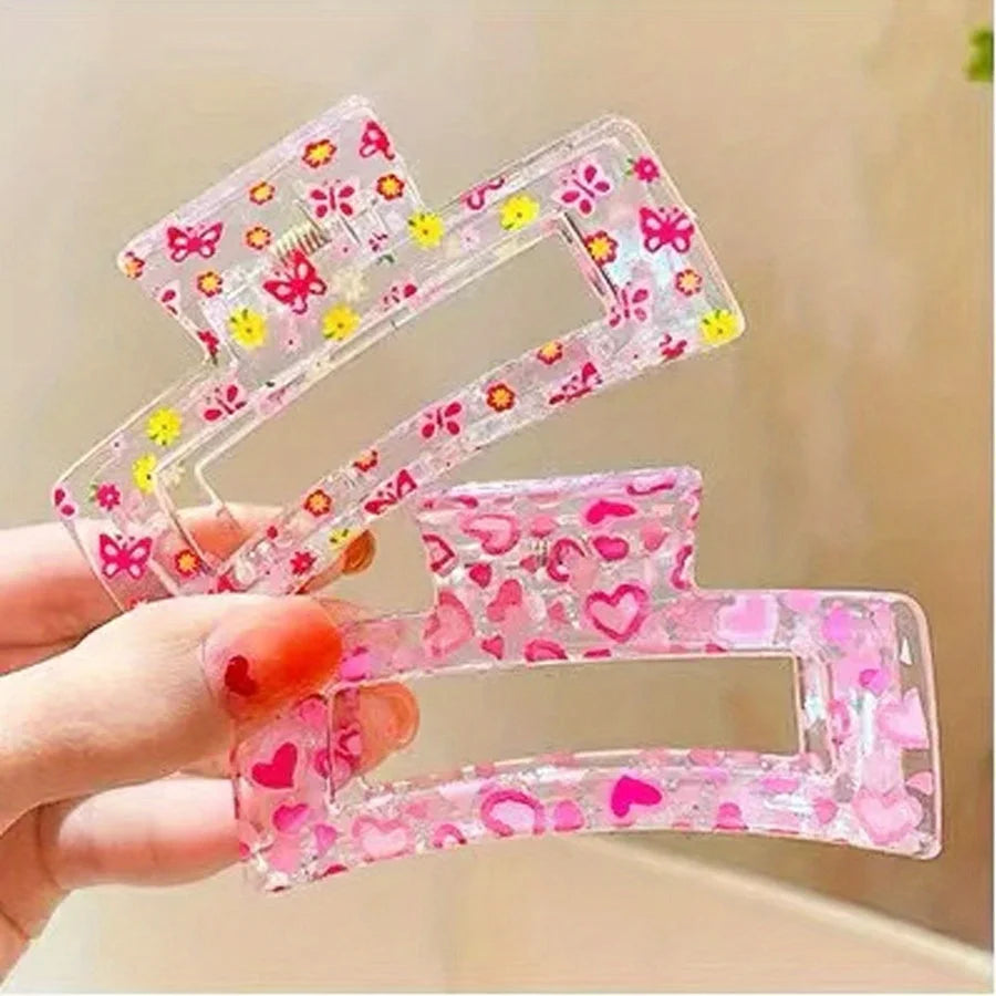 2-1PCS Transparent Flower Hair Clip, Heart Shape Banana Clip for Women, Non-Slip Strong Hold for Thick Thin Hair