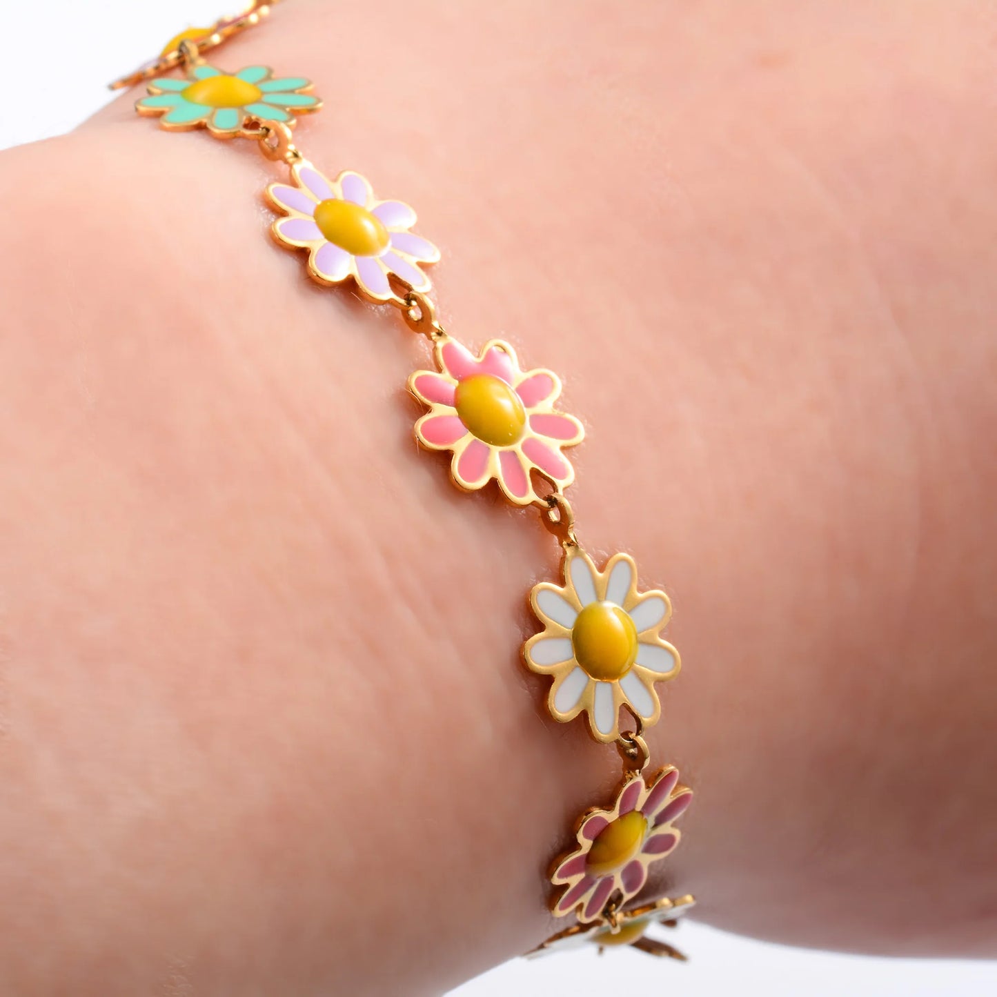 Stainless Steel Bracelet for Women Sweet Colorful Sunflower Link Hand Chain Bangle with Extender Anklet Jewelry Accessories Gift