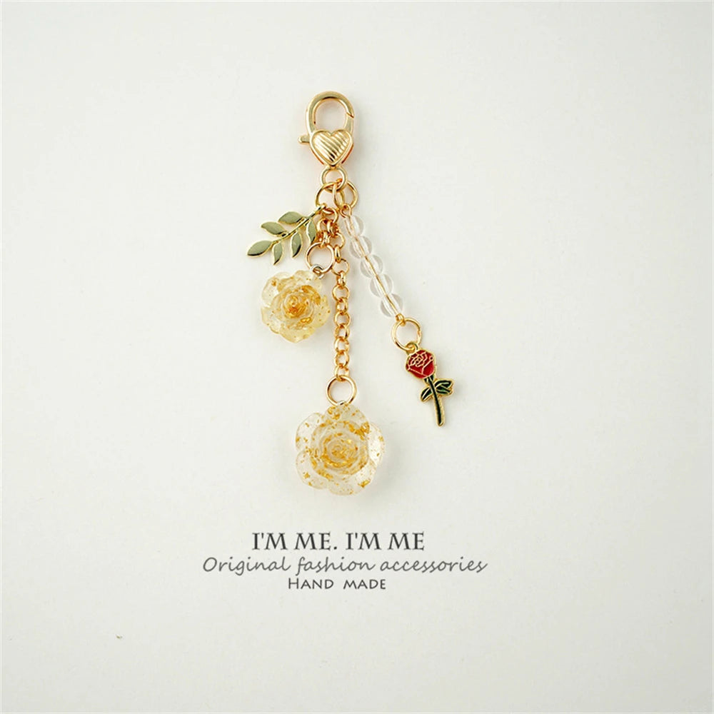 Fashion Imitation Pearl Flower Keychain Cute Sakura Rose Plush Ball Keyring for Women Girls Car Handbag Phone Pendant Accessorie