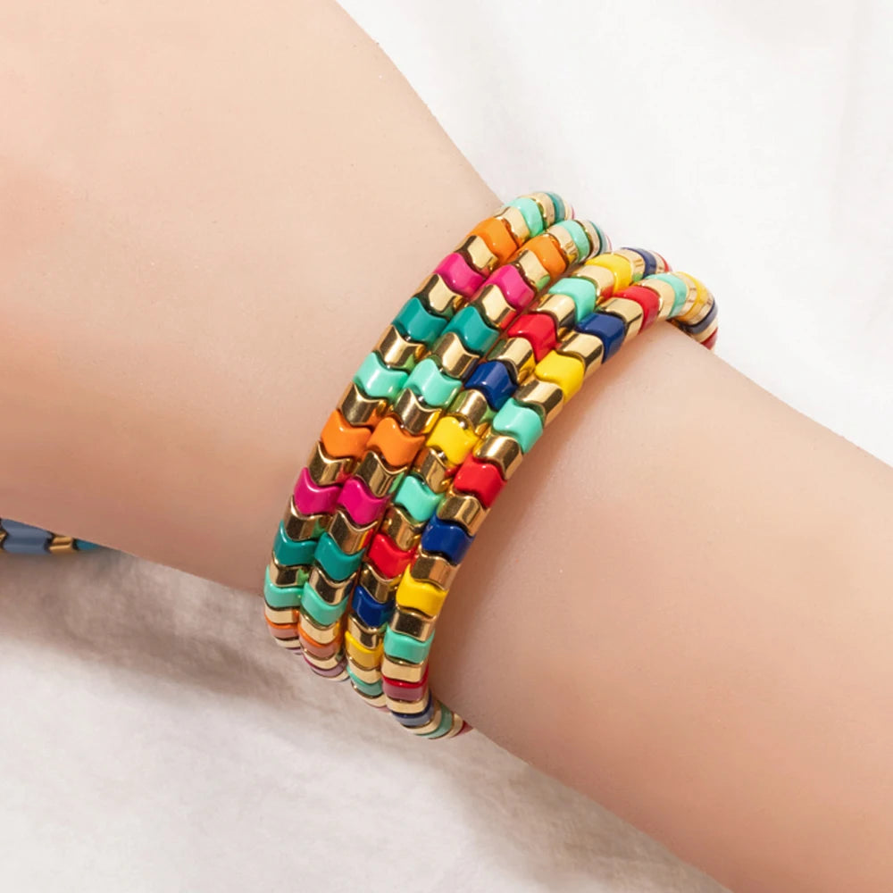 Tejesa 5X6mm Tube Beads Circle Enamel Bangle For Women Beaded Colorful Beads Boho Hand Accessory
