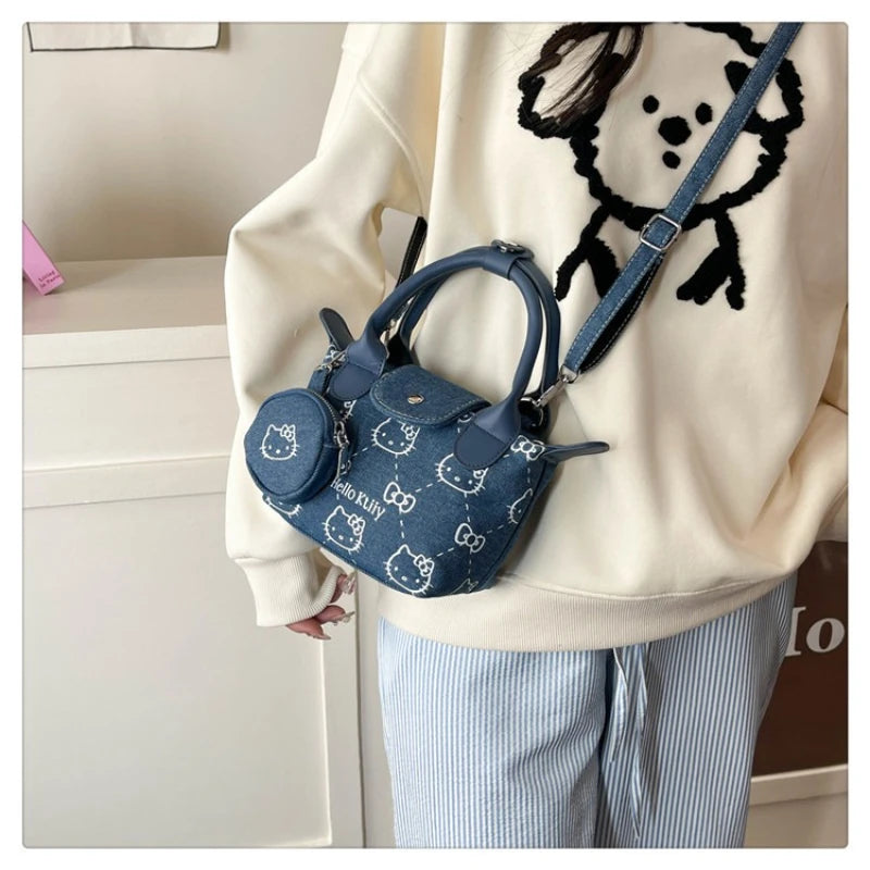 Cute Sanrio Hello Kitty Bag Denim Handbag Cartoon Printed Crossbody Bag Cosmetic Shoulder Bag Women Girls Makeup Organizer