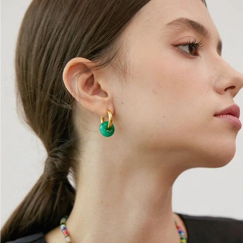 Fashionable Minimalist Natural Stone Donut Earrings For Women Stainless Steel Ear Clips High-end Earlobes Accessories Female