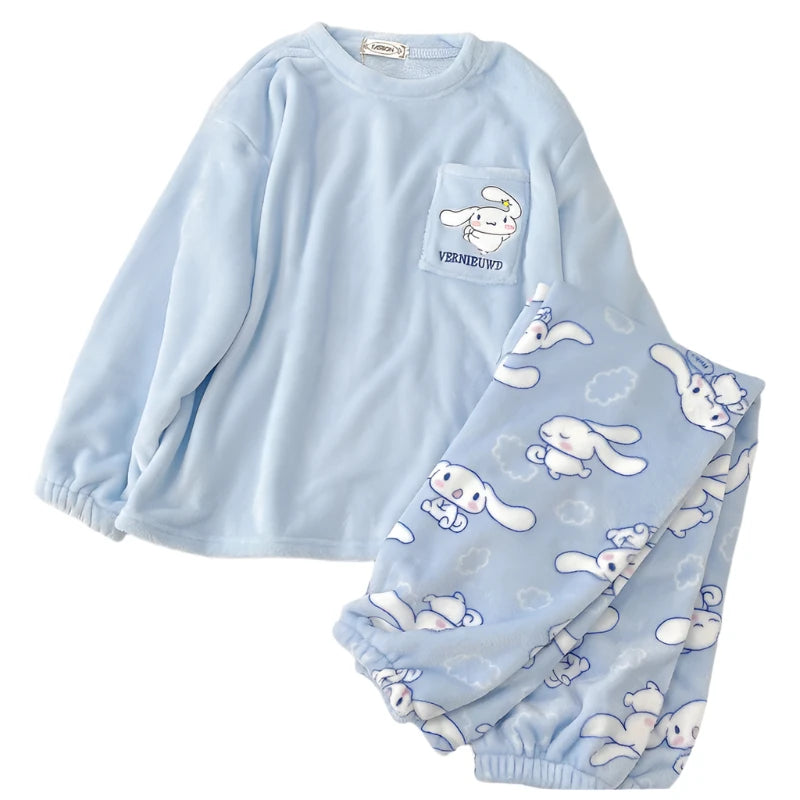 Hemasa  Cinnamoroll Pajamas Kuromi My Melody Flannel Pullover Coral Velvet Winter Warm Pajamas Homewear Girl Gifts