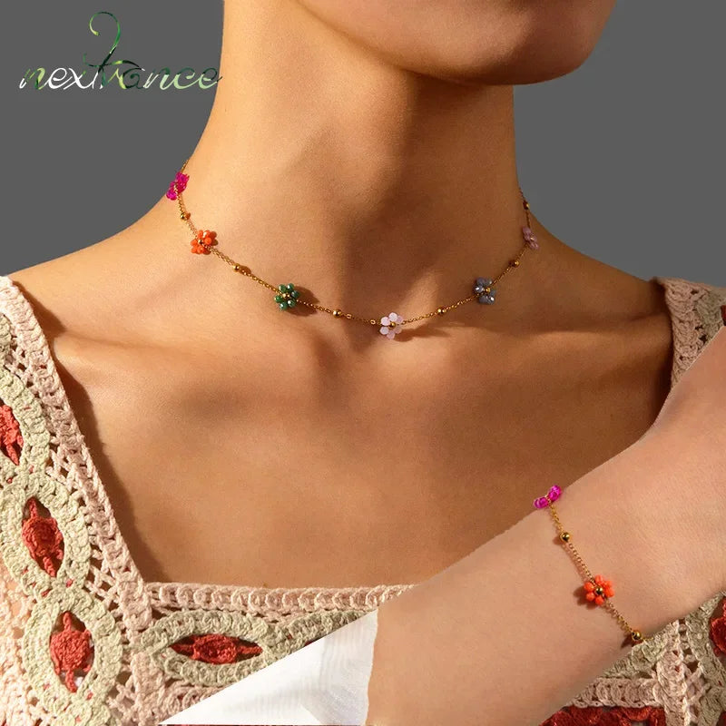 Nextvance Fashion Trendy Stainless Steel Steel Colorful Floral Chain Bracelet Necklace Set Waterproof Charm Jewelry Set For Wome