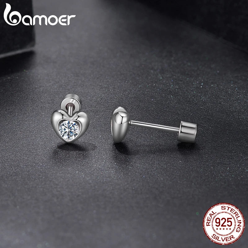 BAMOER Classic Heart Moissanite Screw-back Earring, Paved Setting Round Cut Lab Created Diamond for Women Engagement Gift S925