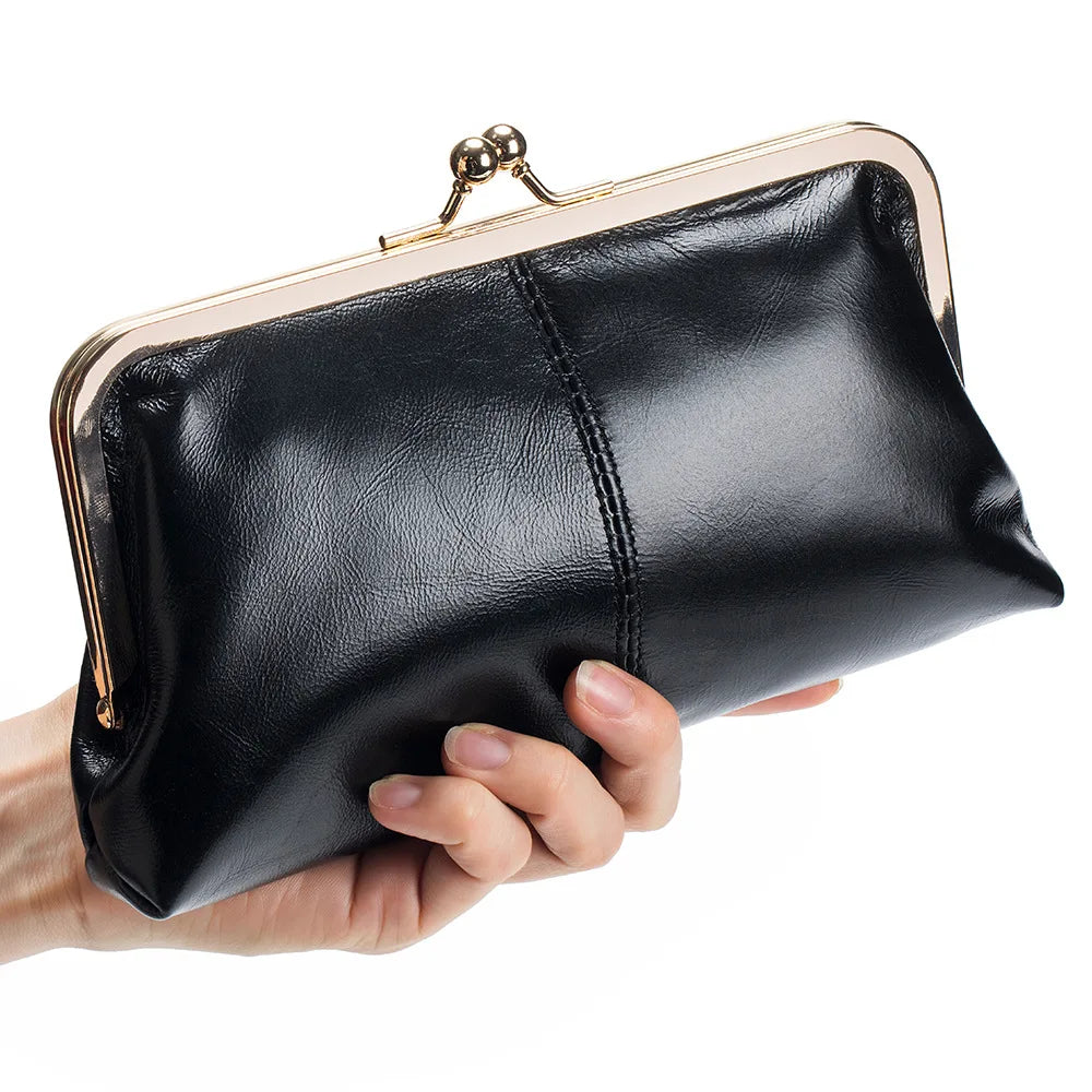 Genuine Leather Long Clutch Wallet Clip Bags Vintage Coin Purse Card Holder Key Lipstick Storage Phone Pouch Case For Women