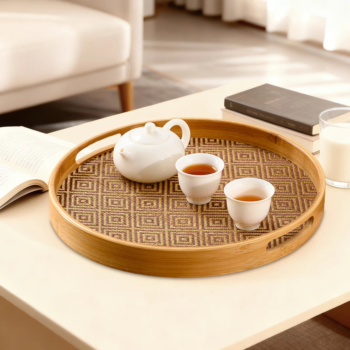 Tejesa Bamboo Round Tray 15.8" Handles / Multi-Purpose Home Kitchen Beverage Storage Restaurant Platter