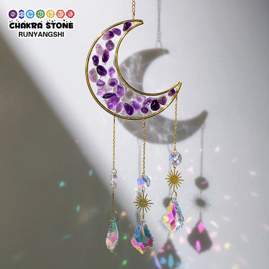 1pc Natural Crystal Gravels Moon Sun Catcher Wind Chime  Energy Quartz Crystal Crafts Christmas Home Decoration Gifts