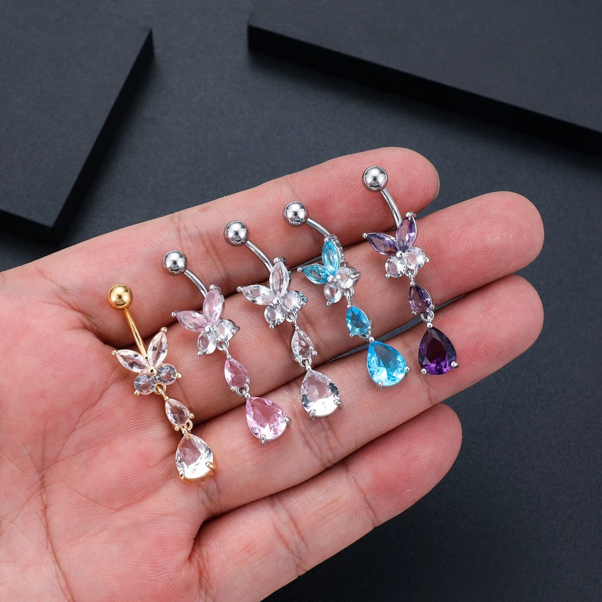 1pc Dragon Butterfly Flower Heart Belly Button Rings Blue Pink Crystals Zircon Dangled Navel Belly Piercing Nombril for Women